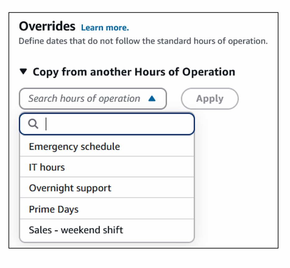 Screenshot shows Overrides- Hours of Operation